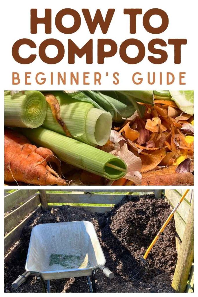 photo of vegetable waste for compost pile above photo of compost heap with wheelbarrow