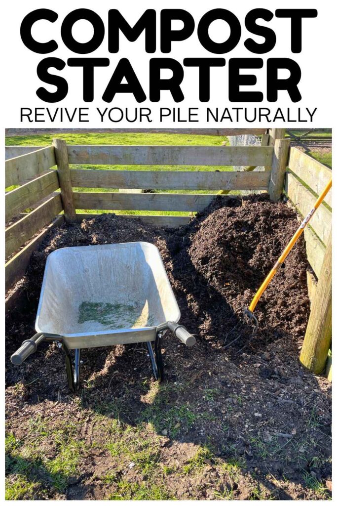 photo of a compost pile and wheelbarrow