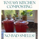 photo of two red lidded pails on a black granite kitchen counter