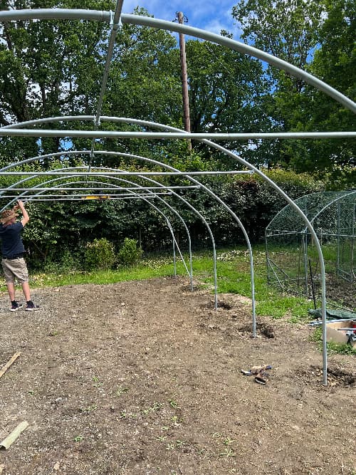 photo of high tunnel frame with ridge pole added