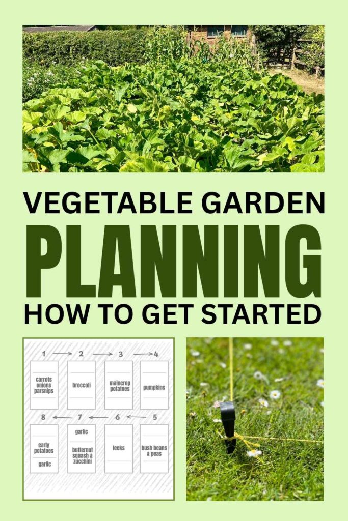 photo of a vegetable garden above a photo of a garden plan and a photo of peg markers and string in grass